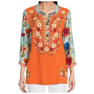 JOHN‎ MARK 3X Womens Orange Blue Multi Embroidered Floral Tunic Top 3X RV $135